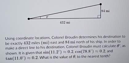 Using coordinate locations, Colonel Broudin determines his destination to 
be exactly 432 miles (mi) east and 84 mi north of his ship. In order to 
make a direct line to his destination, Colonel Broudin must calculate θ° as 
shown. It is given that sin (11.2°)approx 0.2, cos (78.8°)approx 0.2 , and
tan (11.0°)approx 0.2. What is the value of θ, to the nearest tenth?