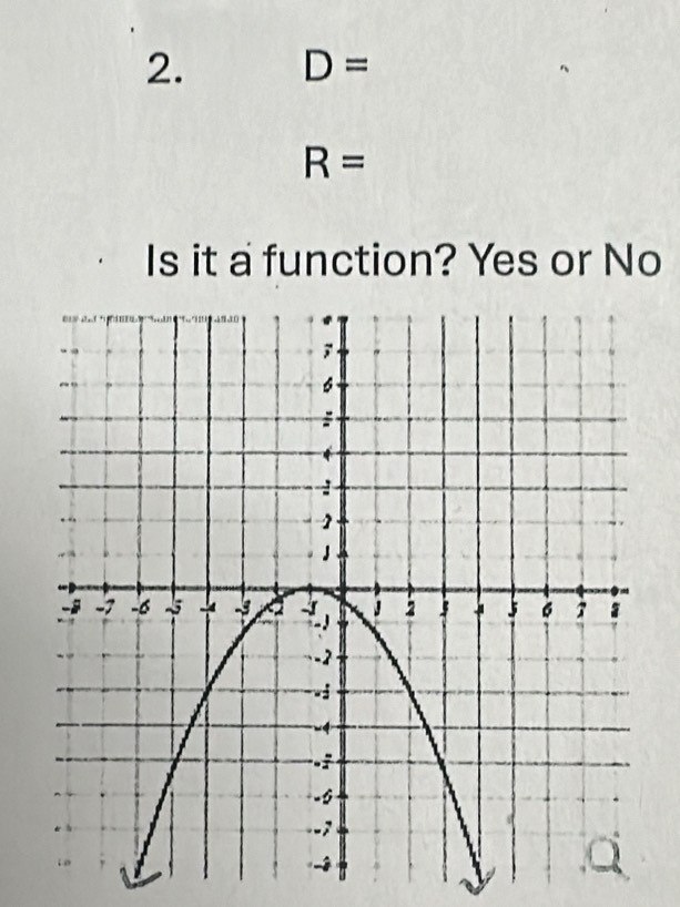 D=
R=
Is it a function? Yes or No