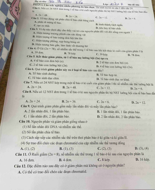 Họ và tên: _Mã đề 102
Lớp:
PHẢN I. Câu trấc nghiệm nhiều phương án lựa chọn. Thí sinh trà lời từ câu 1 đến câu 24.
Cầu 1. Nếu có 24 NST đơn trong 1 tế bảo ở ki cuối nguyên phân thì bộ NST lưỡng bội của tế bảo ban đầu
là
A. 2n-48. B, 2n=24. C. 2n-12. D. 2n=6.
Câu 2. Tế báo động vật phân chia tế bào chất bằng cách
A. phân rã màng tế bào, B. hình thành vàch ngắn.
C. tạo eo thất. D. tiêu hủy tế bảo chất.
Câu 3. Ví dụ nào đưới đây cho thấy vai trò của nguyên phân đổi với đời sống con người ?
A. Hiện tượng trương phình của xác động vật
B. Hiện tượng tể bào trứng đơn bội lớn lên
C. Hiện tượng phồng, xẹp bong bóng cả
D. Hiện tượng hàn gắn, làm lành vết thương hở
Câu 4, Ở Gà (2n-78) , số nhiễm sắc thể trong 1 tế bảo sau khi kết thúc kì cuối cùa giảm phân I là
A. 39 don. B. 78 kép. C. 39 kép. D. 78 don.
Câu 5. Kết thúc giām phân, từ 1 tế bào mẹ lưỡng bội (2n) tạo ra
A. 4 tế bào con đơn bội (n). B. 2 tế bào con đơn bội (n).
C. 2 tế bão con lưỡng bội (2n). D. 4 tế bào con lưỡng bội (2n).
Câu 6. Quá trình giảm phân xây ra ở loại tế bảo nào sau dây?
A. Tế bào sinh đưỡng. B. Tế bào hợp tử.
C. Tế bào sinh dục chín. D. Tể bào sinh dục sơ khai.
Câu 7. Nếu có 24 NST kép trong một tế bào ở kì cuối của giảm phân I thì số nhiễm sắc thể lưỡng bội là
A. 2n=24. B. 2n=48. C. 2n=12. D. 2n=6.
Câu 8. Nếu có 12 NST đơn trong 1 tế bảo ở kỉ sau nguyên phân thì bộ NST lưỡng bội của tế bào ban đần
là
A. 2n=24. B. 2n=36. C. 2n=6. D. 2n=12.
Câu 9. Quá trình giảm phân gồm mấy lần nhân đôi và mấy lần phân bào?
A. 2 lần nhân đôi, 1 lần phân bào. B. 1 lần nhân đôi, 1 lần phân bào.
C. 1 lần nhân đôi, 2 lần phân bảo. D. 2 lần nhân đôi, 2 lần phân bào.
Câu 10. Nguyên phân và giảm phân giống nhau ở
(1) Số lần nhân đôi DNA và nhiễm sắc thể,
(2) Số lần phân chia tế bào.
(3) Cách sắp xếp các nhiễm sắc thể trên thoi phân bào ở kì giữa và kì giữa II.
(4) Sự trao đổi chéo các đoạn chromatid của cặp nhiễm sắc thể tương đồng
A. (1), (2) B. (1), (3) C. (2), (3) D. (3), (4)
Câu 11. Ở Ruồi giấm (2n=8) , số nhiễm sắc thể trong 1 tế bào ở kì sau của nguyên phân là
A. 16 đơn. B. 4 đơn. C. 8 kép. D. 16 kép.
Câu 12. Đặc điểm nào sau đây có ở giảm phân mà không có ở nguyên phân?
A. Có thể có trao đổi chéo các đoạn chromatid.