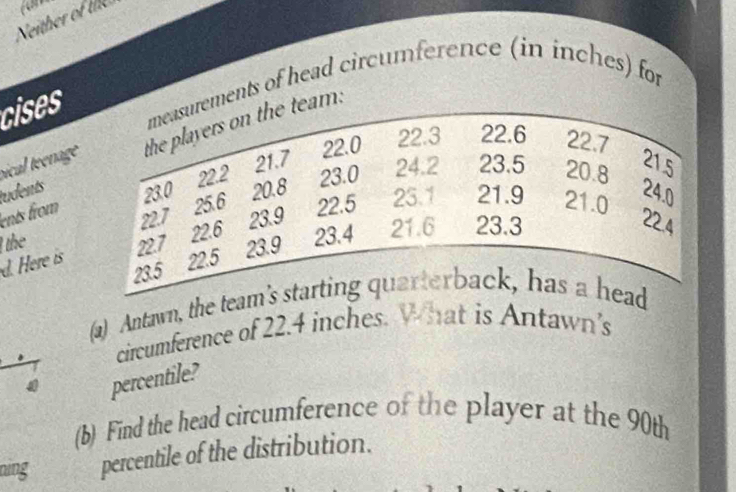 Neither of te 
cises 
ments of head circumference (in inches) for 
rudentsam: 
técal teenage 
ents from 
the 
d. Here is 
(a) Antawn, the te 
circumference of 22.4 inches. What is Antawn's 
percentile? 
(b) Find the head circumference of the player at the 90th
ning percentile of the distribution.