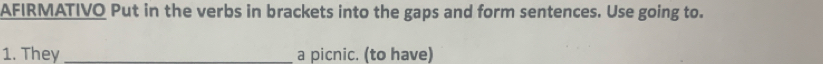 AFIRMATIVO Put in the verbs in brackets into the gaps and form sentences. Use going to. 
1. They _a picnic. (to have)