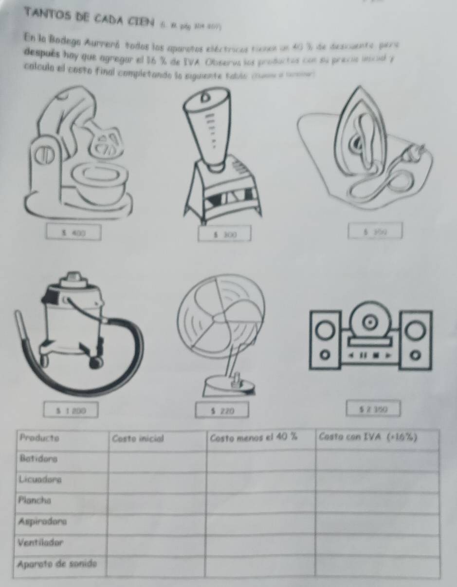 TANTOS DE CADA CCEN 6. B. pág NA 207
En la Bodega Aurrerá tados los aparatos eléctricos tienos en 40% de descuente per a
después hay que agregar el 16 % de IVA Observa los productos con su precus unicuel y
colculo el costo final completando la siguiente tabla cune a lrtna
8 351
。
。
$ 1 200 $ 2 360