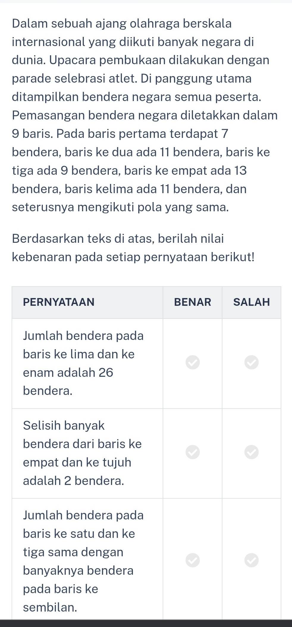 Dalam sebuah ajang olahraga berskala 
internasional yang diikuti banyak negara di 
dunia. Upacara pembukaan dilakukan dengan 
parade selebrasi atlet. Di panggung utama 
ditampilkan bendera negara semua peserta. 
Pemasangan bendera negara diletakkan dalam
9 baris. Pada baris pertama terdapat 7
bendera, baris ke dua ada 11 bendera, baris ke 
tiga ada 9 bendera, baris ke empat ada 13
bendera, baris kelima ada 11 bendera, dan 
seterusnya mengikuti pola yang sama. 
Berdasarkan teks di atas, berilah nilai 
kebenaran pada setiap pernyataan berikut!