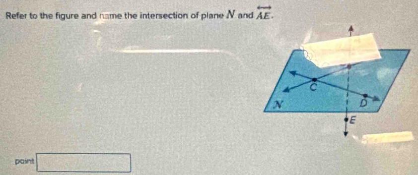 Refer to the figure and name the intersection of plane N and overleftrightarrow AE.
C
x
D
E
paint □