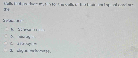 Cells that produce myelin for the cells of the brain and spinal cord are
the:
Select one:
a. Schwann cells.
b. microglia.
c. astrocytes.
d. oligodendrocytes.