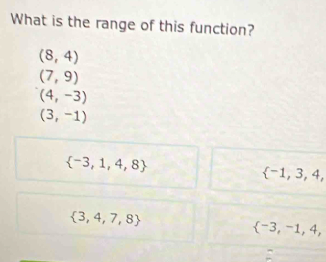 What is the range of this function?
(8,4)
(7,9)
(4,-3)
(3,-1)
 -3,1,4,8
 -1,3,4,
 3,4,7,8
 -3,-1,4,