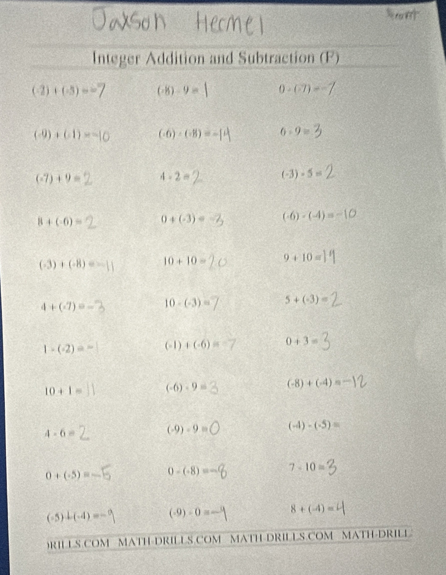 Integer Addition and Subtraction (F)
(-2)+(-3)== (-8) 9= 0-(-7)=
(-9)+(-1)=-1
(-6)-(-8)=-
6:9=
(-7)+9=
4-2=
(-3)-5=
8+(-6)=
0+(-3)=
(-6)-(-4)=
(-3)+(-8)=
10+10=
9+10=
4+(-7)=_ 
10-(-3)=
5+(-3)=
1-(-2)==
(-1) +(-6)=
0+3=
(-8)+(-4)=
10+1=
(-6)· 9=
4· 6=
(-9)-9=
(-4)-(-5)=
0+(-5)=
0-(-8)=
7-10=
(-5)-(-4)=
(-9)-0=
8+(-4)=
RILS COM MATH-DRILLS.COM MATH DRILLS.COM MATH-DRILL