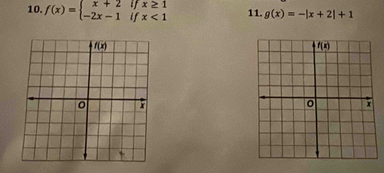 f(x)=beginarrayl x+2ifx≥ 1 -2x-1ifx<1endarray. 11. g(x)=-|x+2|+1