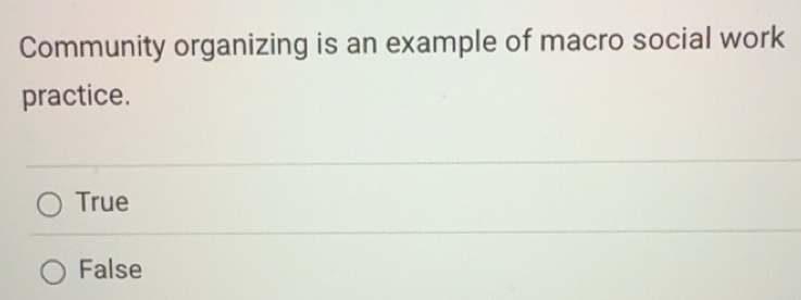 Solved: Community organizing is an example of macro social work ...