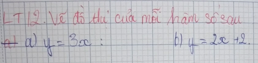 LT12. Ve dà thi cuà mói hamn so ea
6)
a) y=3x y=2x+2