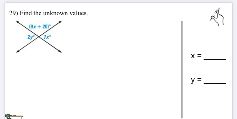 Find the unknown values.
_
x=
y= _