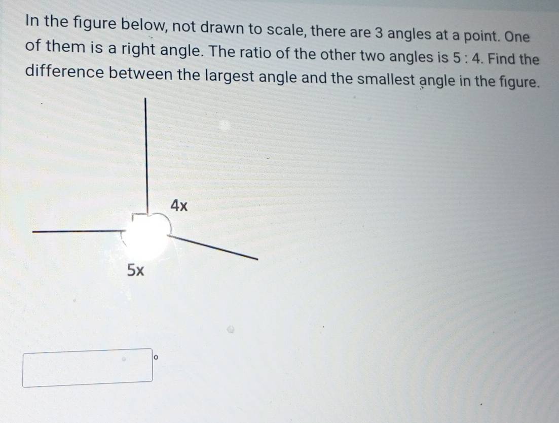 In the figure below, not drawn to scale, there are 3 angles at a point. One 
of them is a right angle. The ratio of the other two angles is 5:4. Find the 
difference between the largest angle and the smallest angle in the figure. 
。