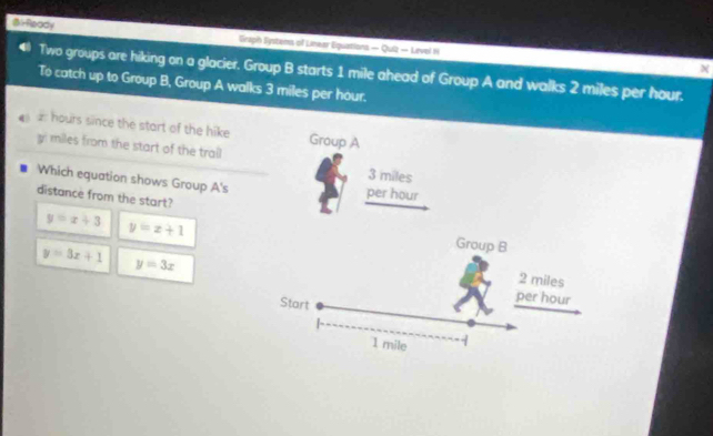 Bl-fleady Giraph Systems of Linear Equations — Quíz — Level H
Two groups are hiking on a glacier. Group B starts 1 mile ahead of Group A and walks 2 miles per hour.
To catch up to Group B, Group A walks 3 miles per hour.
hours since the start of the hike Group A
gi miles from the start of the trail 3 miles
Which equation shows Group A's
distance from the start?
per hour
y=x+3 y=z+1
Group B
y=3x+1 y=3x
2 miles
Start
per hour
1 mile 1