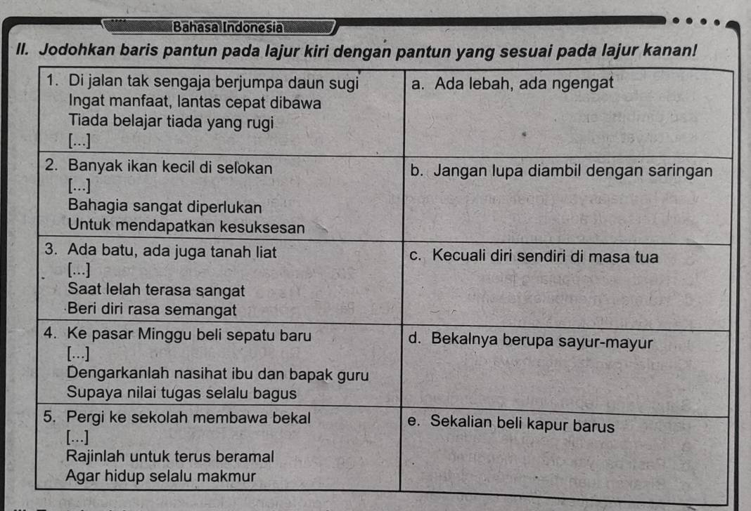 Bahasa Indonesia 
II. Jodohkan baris p kan!