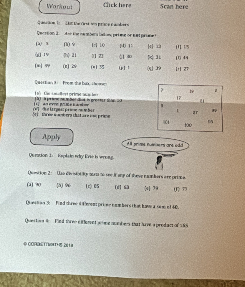 Workout Click here Scan here
Question 1: List the first ten prime numbers
Question 2: Are the numbers below, prime or not prime?
(a) S (b) 9 (c) 10 (d) 11 (e) 13 (f) 15
(g) 19 (h) 21 (í) 22 (j) 30 (k) 31 (1) 44
(m) 49 (n) 29 (o) 35 (p) 1 (q) 39 (r) 27
Question 3: From the box, choose:
7 19 2
(a) the smallest prime number
17
(b) a prime number that is greater than 10 81
(c) an even prime number
9
(d) the largest prime number 27 99
1
(e) three numbers that are not prime
101 100
55
Apply
All prime numbers are odd
Question 1: Explain why Evie is wrong.
Question 2: Use divisibility tests to see if any of these numbers are prime.
(a) 90 (b) 96 (c) 85 (d) 63 (e) 79 (f) 77
Question 3: Find three different prime numbers that have a sum of 40.
Question 4: Find three different prime numbers that have a product of 165
◎ CORBETTMATHS 2018