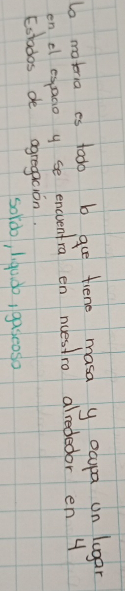 motria es todo b gue fiene masa y oupa un lugar 
en cl esaao y se encuentra en nuestro alrededor en 4
Estados de agregacion. 
sordo, 1. g0. do, gaseoso