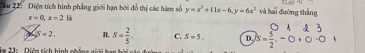 Cầu 22: Diện tích hình phẳng giới hạn bởi đồ thị các hàm số y=x^3+11x-6, y=6x^2 và hai đường thắng
x=0, x=2la
S=2. B. S= 2/5 . C. S=5. D. S= 5/2 .-0+0-0+
âu 23: . Diên tích hình phẳng giới han bởi các