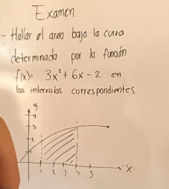 Examen 
-Hollar d area bajo la cara 
determinada por 10 funaon
f(x)=3x^2+6x-2 en 
las intervalos correspondientes.