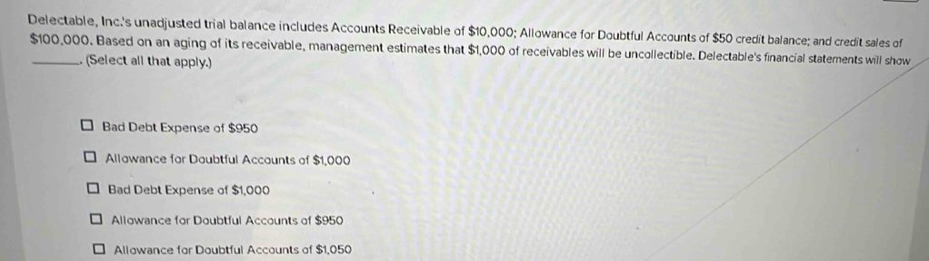 Delectable, Inc.'s unadjusted trial balance includes Accounts Receivable of $10,000; Allowance for Doubtful Accounts of $50 credit balance; and credit sales of
$100,000. Based on an aging of its receivable, management estimates that $1,000 of receivables will be uncollectible. Delectable's financial statements will show
. (Select all that apply.)
Bad Debt Expense of $950
Allowance for Doubtful Accounts of $1,000
Bad Debt Expense of $1,000
Allowance for Doubtful Accounts of $950
Allowance for Doubtful Accounts of $1,050