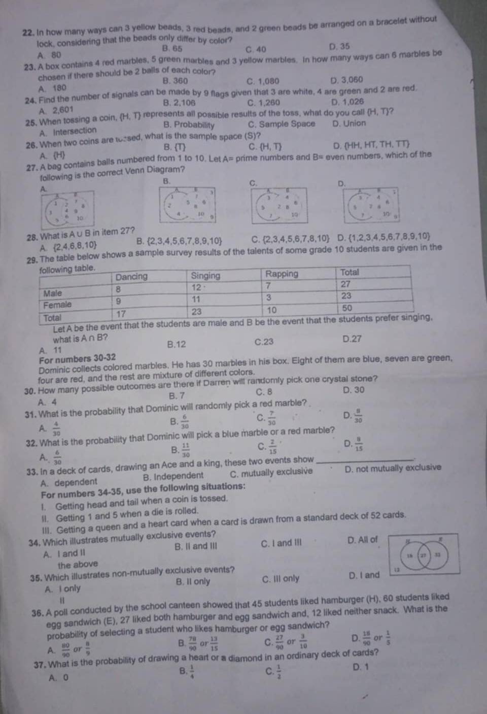 In how many ways can 3 yellow beads, 3 red beads, and 2 green beads be arranged on a bracelet without
lock, considering that the beads only differ by color?
B. 65
A. 80 C. 40 D. 35
23. A box contains 4 red marbles, 5 green marbles and 3 yellow marbles. In how many ways can 6 marbles be
chosen if there should be 2 balls of each color?
B. 360 C. 1,080 D. 3,060
A. 180
24. Find the number of signals can be made by 9 flags given that 3 are white, 4 are green and 2 are red
B. 2,106 C. 1.260 D. 1.026
A. 2,601
25. When tossing a coin, H. T represents all possible results of the toss, what do you call (H,T) ?
B. Probability
A. Intersection C. Sample Space D. Union
26. When two coins are toased, what is the sample space (S)?
B. T C.  H,T D. HH, HT, TH, TT
A. H
27. A bag contains balls numbered from 1 to 10. Let A= prime numbers and B= even numbers, which of the
following is the correct Venn Diagram?
C.
D.
2
7 4
s
10 10 a
7
28. What is A∪ Btem 27?
B. 2,3,4,5,6,7,8,9,10
A.  2,4,6, 8.10) C. 2,3,4, 5,6,7,8,10 D. 1,2,3,4,5,6,7,8,9,10
29. The table below shows a sample survey results of the talents of some grade 10 students are given in the
Let A be the event that the
what is A ∩ B? D.27
A. 11 B.12 C.23
For numbers 30-32
Dominic collects colored marbles. He has 30 marbles in his box. Eight of them are blue, seven are green,
four are red, and the rest are mixture of different colors.
30. How many possible outcomes are there if Darren will randomly pick one crystal stone?
A. 4 B. 7 C. 8
D. 30
31. What is the probability that Dominic will randomly pick a red marble? 
C.
D.
A.  4/30 
B.  6/30   7/30   8/30 
32. What is the probability that Dominic will pick a blue marble or a red marble?
B.  11/30   2/15  D.  8/15 
C.
A.  6/30 
33. In a deck of cards, drawing an Ace and a king, these two events show_
A.dependent B. Independent C. mutually exclusive D. not mutually exclusive
For numbers 34-35, use the following situations:
I. Getting head and tail when a coin is tossed.
II. Getting 1 and 5 when a die is rolled.
III. Getting a queen and a heart card when a card is drawn from a standard deck of 52 cards.
34. Which illustrates mutually exclusive events?
B. II and III C. I and III
A. I and II D. All of y
27
the above
35. Which illustrates non-mutually exclusive events?
A. I only B. II only C. III only D. I and 1
H
36. A poll conducted by the school canteen showed that 45 students liked hamburger (H), 60 students liked
egg sandwich (E), 27 liked both hamburger and egg sandwich and, 12 liked neither snack. What is the
probability of selecting a student who likes hamburger or egg sandwich?
A.  80/90  or  8/9   78/90  or  13/15  C.  27/90  or  3/10  D.  18/90  or  1/5 
B.
37. What is the probability of drawing a heart or a diamond in an ordinary deck of cards?
C
A. 0 B.  1/4   1/2  D. 1