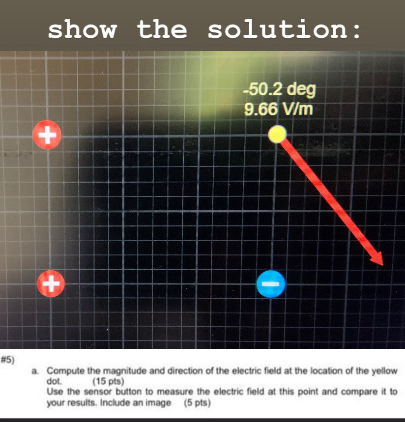 show the solution: 
#5) 
a. Compute the magnitude and direction of the electric field at the location of the yellow 
dot. (15 pts) 
Use the sensor button to measure the electric field at this point and compare it to 
your results. Include an image (5 pts)