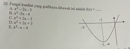 Fungsi kuadrat yang grafiknya dibawah ini adalah f(x)= _
A. x^2-2x-3
B. x^2-3x-4
C. x^2+2x-3
D. x^2+2x+3
E. x^2-x-4