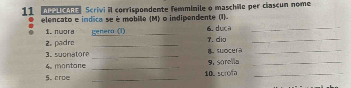 APPLICARE Scrivi il corrispondente femminile o maschile per ciascun nome 
elencato e indica se è mobile (M) o indipendente (I). 
1. nuora genero (I)_ 
6. duca_ 
2. padre _7. dio_ 
3. suonatore _8. suocera_ 
4. montone _9. sorella_ 
5. eroe _10. scrofa_