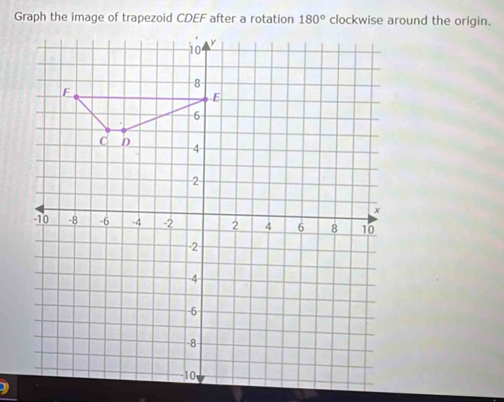 Graph the image of trapezoid CDEF after a rotation 180° clockwise around the origin.