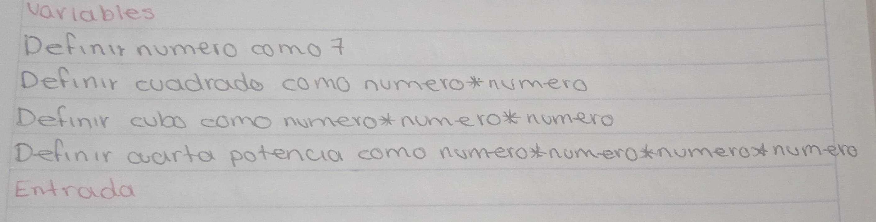 varlables
Definir numero comot
Definir cuadrade como numeronumero
Definir cubo como numero numero nomero
Definir warta potenca como nomeronomeronumeronumero
Entrada