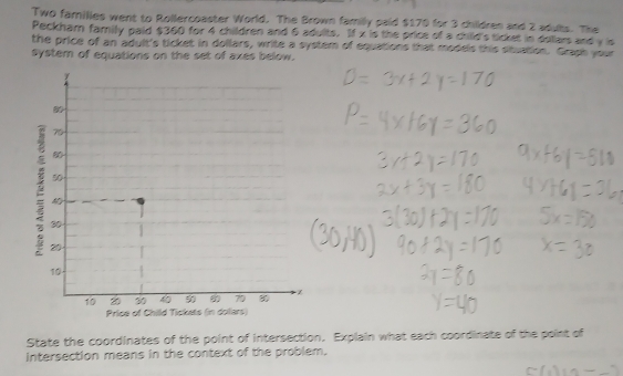 Two families went to Rollercoaster World. The Brown family paid $170 for 3 children and 2 aduts. The 
Peckhar family paid $360 for 4 children and 6 adults. If x is the price of a chilld's ticket in dollars and y is 
the price of an adult's ticket in dollars, write a system of equations that models this situation. Graph your 
system of equations on the set of axes below. 
State the coordinates of the point of intersection. Explain what each coordinate of the point of 
intersection means in the context of the problem.