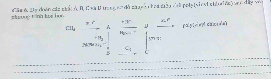 Dự đoán các chất A, B, C và D trong sơ đồ chuyển hoá điều chế poly(vinyl chloride) sau đây và 
phương trình hoá học. 
xt, t^0
CH_4 vector _H_2 A beginarrayr +1000,p__a ^rc underlinebTorc □ endarray poly(vinyl chloride)
Pd/PbCO_3, t°
B 
_ 
_ 
_