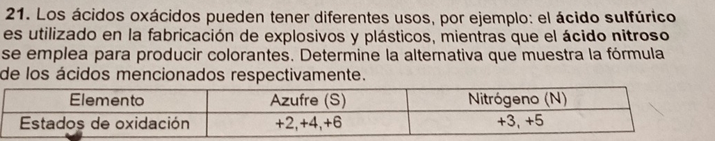 Los ácidos oxácidos pueden tener diferentes usos, por ejemplo: el ácido sulfúrico 
es utilizado en la fabricación de explosivos y plásticos, mientras que el ácido nitroso 
se emplea para producir colorantes. Determine la alternativa que muestra la fórmula 
de los ácidos mencionados respectivamente.