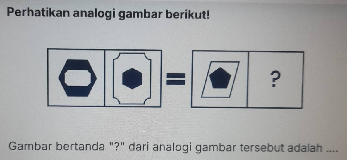 Perhatikan analogi gambar berikut! 
Gambar bertanda "?" dari analogi gambar tersebut adalah ....