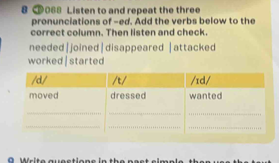 D068 Listen to and repeat the three
pronunciations of -ed. Add the verbs below to the
correct column. Then listen and check.
needed|joined|disappeared |attacked
worked | started
O Wri te questions in the pe st simp l