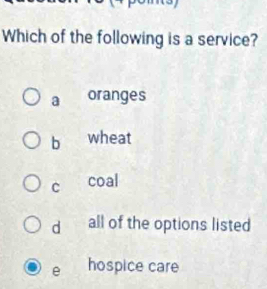 Which of the following is a service?
a oranges
b wheat
c coal
d all of the options listed
e hospice care