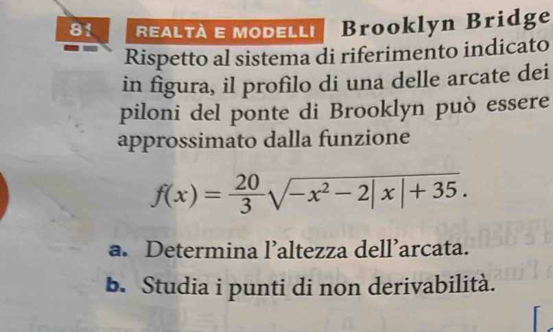 realtà e modelli Brooklyn Bridge
Rispetto al sistema di riferimento indicato
in figura, il profilo di una delle arcate dei
piloni del ponte di Brooklyn può essere
approssimato dalla funzione
f(x)= 20/3 sqrt(-x^2-2|x|+35).
a. Determina l’altezza dell’arcata.
b. Studia i punti di non derivabilità.