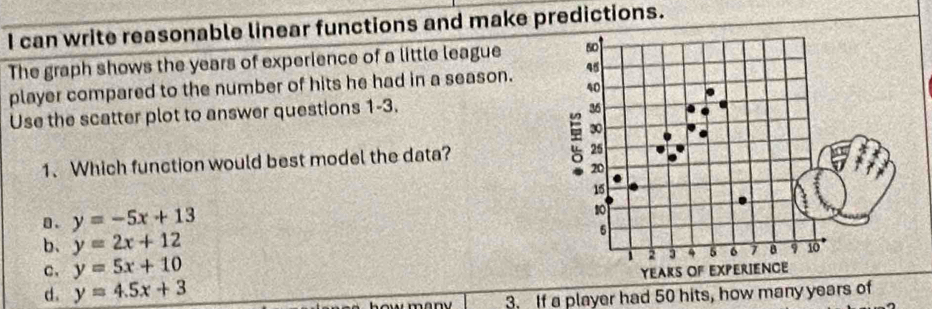 can write reasonable linear functions and make predictions.
The graph shows the years of experience of a little league 50
player compared to the number of hits he had in a season. 45
40
Use the scatter plot to answer questions 1-3.
36
30
1、 Which function would best model the data? 25. 20
15
D. y=-5x+13
10
b、 y=2x+12
6
1 2 3 5 6 7 B 9 10
c. y=5x+10
d. y=4.5x+3 YEARS OF EXPERIENCE
e s how ma n . 3. If a player had 50 hits, how many years of