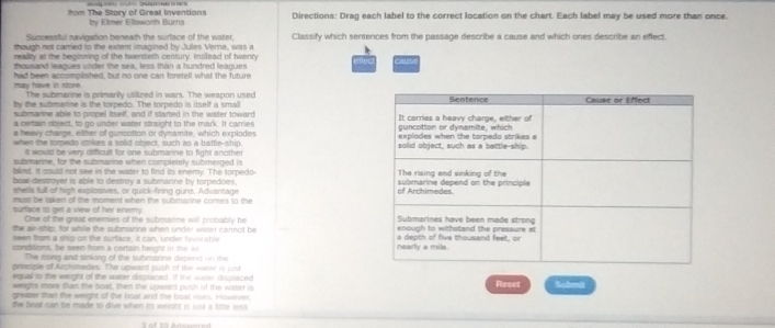 rom The Story of Greal Inventions by Elmer Ellswonh Burns Directions: Drag each label to the correct location on the chart. Each label may be used more than once. 
Successful navigation beneath the surface of the water, Classify which sentences from the passage describe a cause and which ones describe an effect. 
though not cared to the extent imagined by Jules Verne, was a 
reality at the beginming of the twentieth century. Inslead of twenty 
thousand leagues under the sea, less than a hundred leagues etlec 
had been accomplished, but no one can foretell what the future C 
may have in store. The submarine is primanily utillized in wars. The weapon used 
by the submanne is the torpedo. The torpedo is itself a small 
submarne able to propel tself, and if stamed in the water toward 
a certain object, to go under water straight to the mark. It carries 
a heavy charge, either of guncotton or dynamite, which explodes 
when the torpedo strikes a solid object, such as a battle-ship 
it would be very dificult for one submarine to fight another 
submanne, for the submarine when completely submerged is 
blind. It could not see in the water to find its enemy. The torpedo- 
boat-destroyer is able to destroy a submarine by forpedoes. 
shells full of high explosives, or quick-firing guns. Advantage 
must be taken of the marent when the submarine comes to the 
surface to get a view of her enemy One of the graat enemies of the submarine will probably be 
the air-ship, for while the submanne when under water carnot be 
seen from a sitip on the surface, it can, under favorable 
conditions, be seen from a certain height in the = 
The rising and sinking of the submarine depend on the 
principle of Archimedes. The upward push of the water is just 
equd to the weight of the waser displaced. If the water displaced 
weiphs more than the boat, then the upward push of the water is Reset 
greater than the weight of the bost and the boat rises. However, 
the boat can be made to dive when its werh( in just a lite less