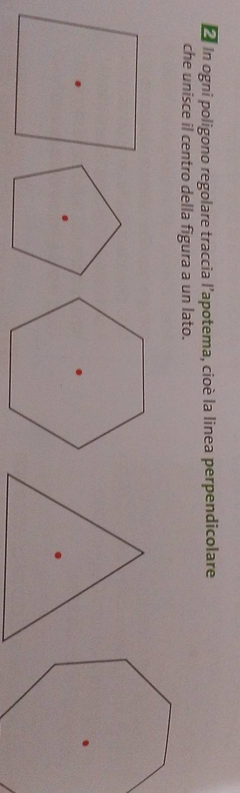 In ogni poligono regolare traccia l’apotema, cioè la linea perpendicolare 
che unisce il centro della figura a un lato.