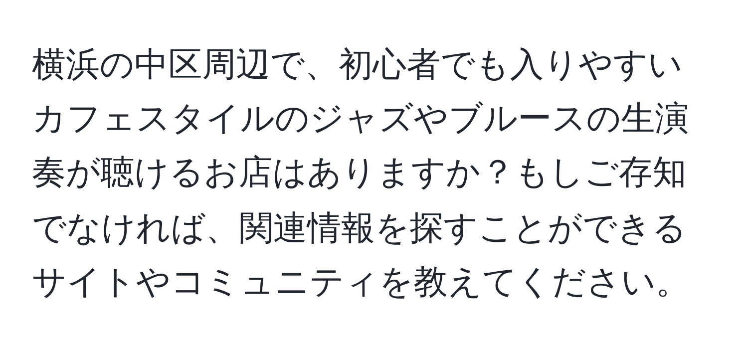 横浜の中区周辺で、初心者でも入りやすいカフェスタイルのジャズやブルースの生演奏が聴けるお店はありますか？もしご存知でなければ、関連情報を探すことができるサイトやコミュニティを教えてください。