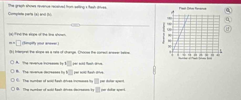 The graph shows revenue received from selling x flash drives. a
Complete parts (a) and (b).
a
C
(a) Find the slope of the line shown.
m=□ (Simplify your answer.)
(b) Interpret the slope as a rate of change. Choose the correct answer below.
A. The revenue increases by $□ per sold flash drive.
B. The revenue decreases by $□ per sold flash drive.
C. The number of sold flash drives increases by □ per dollar spent.
D. The number of sold flash drives decreases by □ per dollar spent.