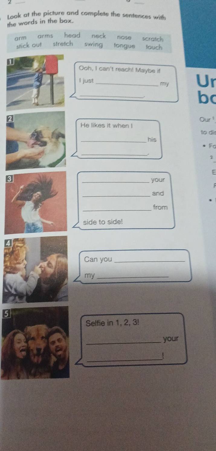 Look at the picture and complete the sentences with 
the words in the box. 
arm arms head neck nose scratch 
stick out stretch swing tongue touch 
Ooh, I can't reach! Maybe if 
l just_ Ur 
my 
_ 
bc 
Our ! 
He likes it when I 
to di 
_his 
Fo 
_ 
2 
E 
3 _your 
_and 
_ 
from 
side to side! 
Can you_ 
my_ 
5 
Selfie in 1, 2, 3! 
_your 
_!