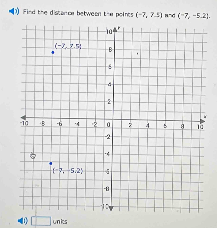 Find the distance between the points (-7,7.5) and (-7,-5.2).
) □ units