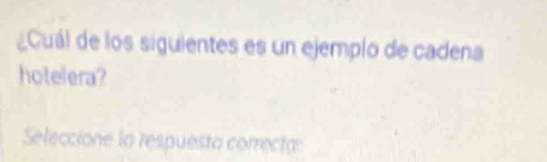 ¿Cuál de los siguientes es un ejemplo de cadena 
hotelera? 
Seleccione la respuesto correcta: