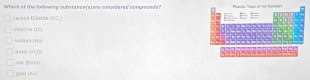 Which of the following substance(s)are considered compounds? 
carbon Dioxide (CO_2)
chlorine (Ci)
sodlum (Na)
water (H_2O)
salt (NaCl)
gold A: