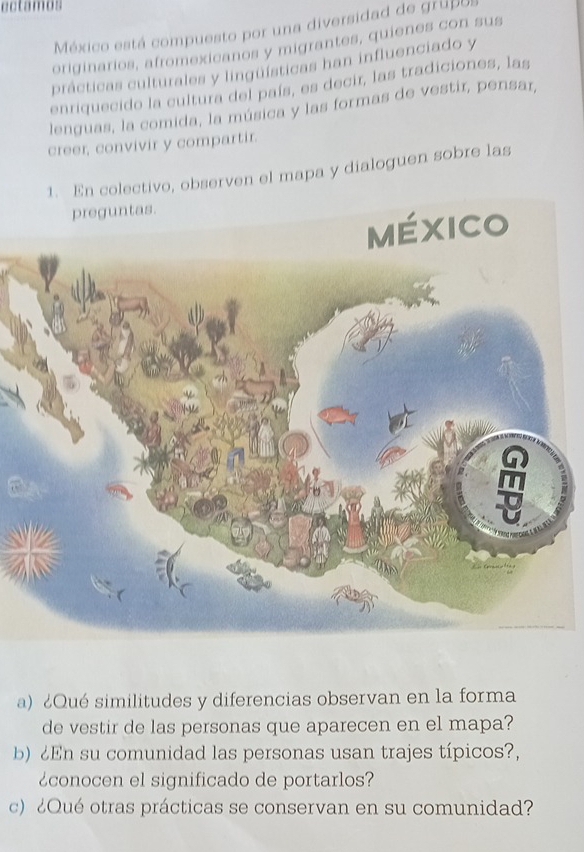 ectamos 
México está compuesto por una diversidad de grupos 
originarios, afromexicanes y migrantes, quienes con sus 
prácticas culturales y lingüísticas han influenciado y 
enriquecido la cultura del país, es decir, las tradiciones, las 
lenguas, la comida, la música y las formas de vestir, pensar, 
creer, convivir y compartir. 
1. En colectivo, observen el mapa y dialoguen sobre las 
a) ¿Qué similitudes y diferencias observan en la forma 
de vestir de las personas que aparecen en el mapa? 
b) En su comunidad las personas usan trajes típicos?, 
¿conocen el significado de portarlos? 
c) ¿Qué otras prácticas se conservan en su comunidad?