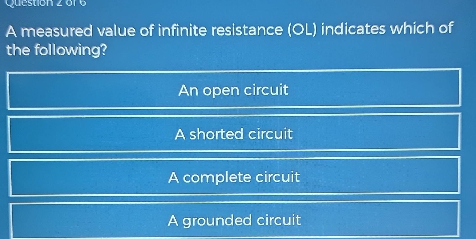 Solved: A measured value of infinite resistance (OL) indicates which of ...