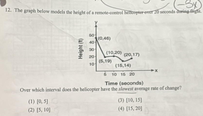 The graph below models the height of a remote-control hellcopter over 20 seconds during-flight.
Over which interval does the helicopter have the slowest average rate of change?
(1) [0,5] (3) [10,15]
(2) [5,10] (4) [15,20]