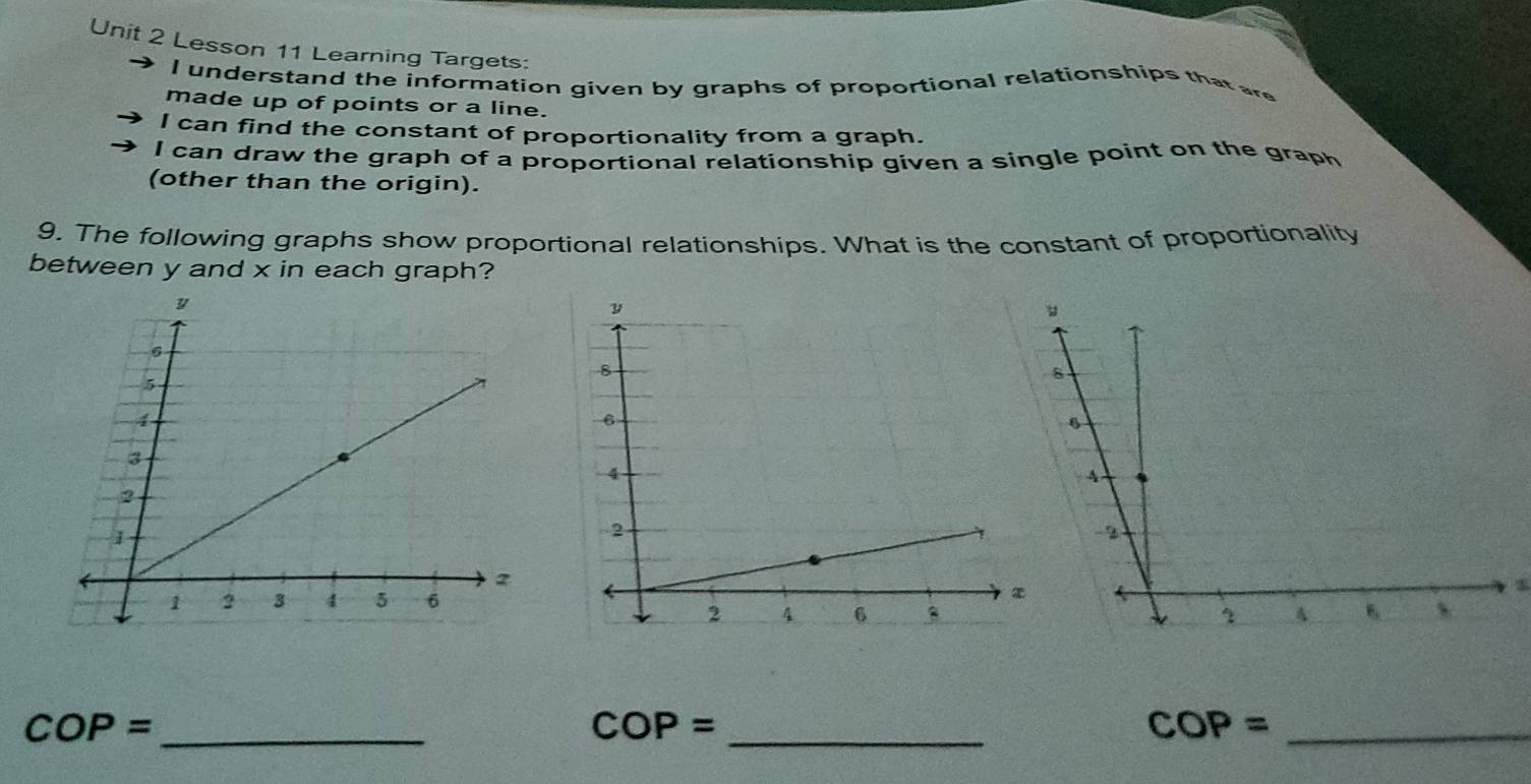 Lesson 11 Learning Targets: 
l understand the information given by graphs of proportional relationships that are 
made up of points or a line. 
I can find the constant of proportionality from a graph. 
I can draw the graph of a proportional relationship given a single point on the graph 
(other than the origin). 
9, The following graphs show proportional relationships. What is the constant of proportionality 
between y and x in each graph? 
s 
_ COP=
COP=
_
COP= _