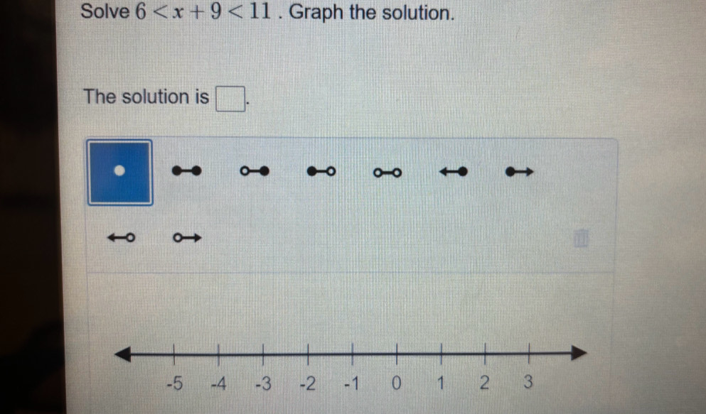 Solve 6 <11</tex> . Graph the solution. 
The solution is 
. 
。